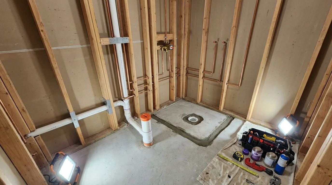 Bathroom rough-in plumbing during remodel by Johns Plumbing LLC in Delmont