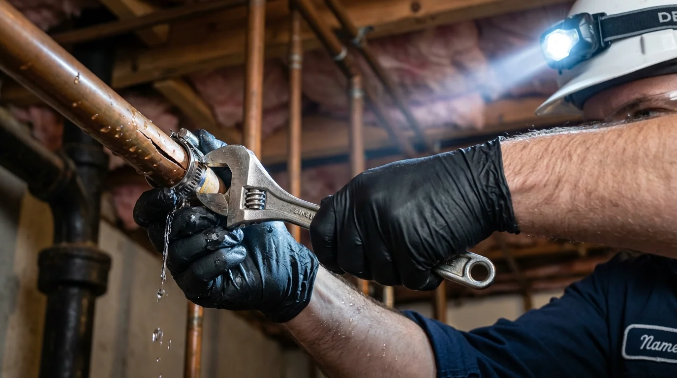 Emergency pipe clamp repair being performed by a Johns Plumbing LLC plumber in Delmont