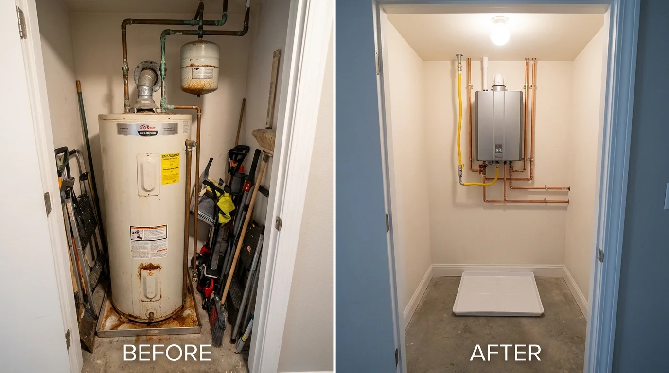 Tank water heater versus wall-mounted tankless unit comparison for Delmont, PA homeowners