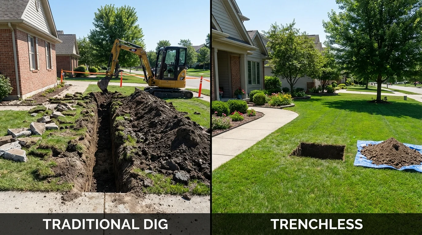 Trenchless sewer repair with minimal yard damage versus traditional excavation in Delmont, PA